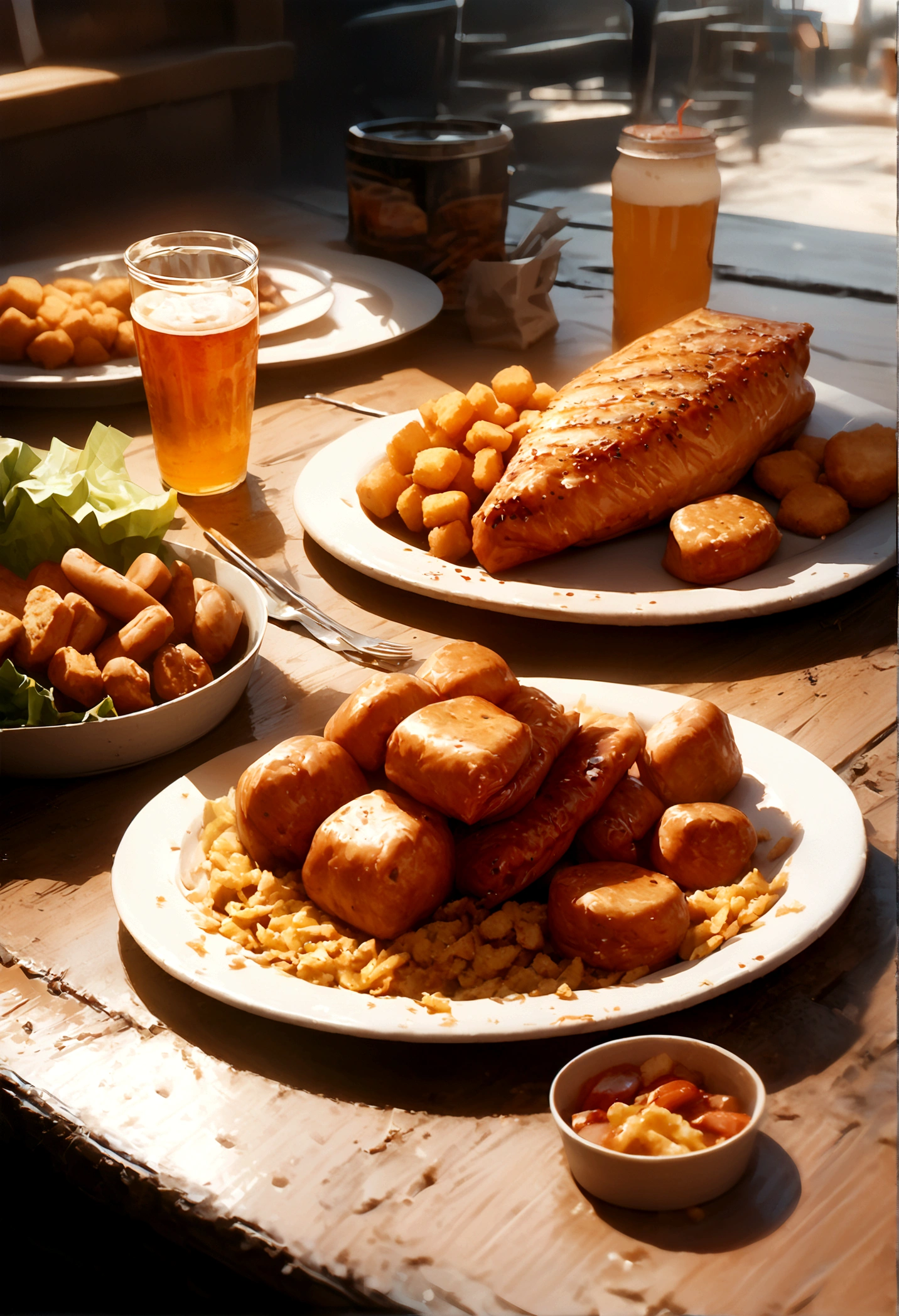 ((masterpiece, Highest quality, Best image quality, High resolution, Realistic, RAW Photos, 8K)), ((非常に詳細な CG 統合 8K 壁紙)), There is a plate of seagull fish and chips and a sandwich, The entire subject in the photograph, very Crispy, Half a fish, Wounded, delicious, Crispy, crisp and sharp, Alabama, Full plate, Nuggets and sausages on a plate, (((Photos of food only))),