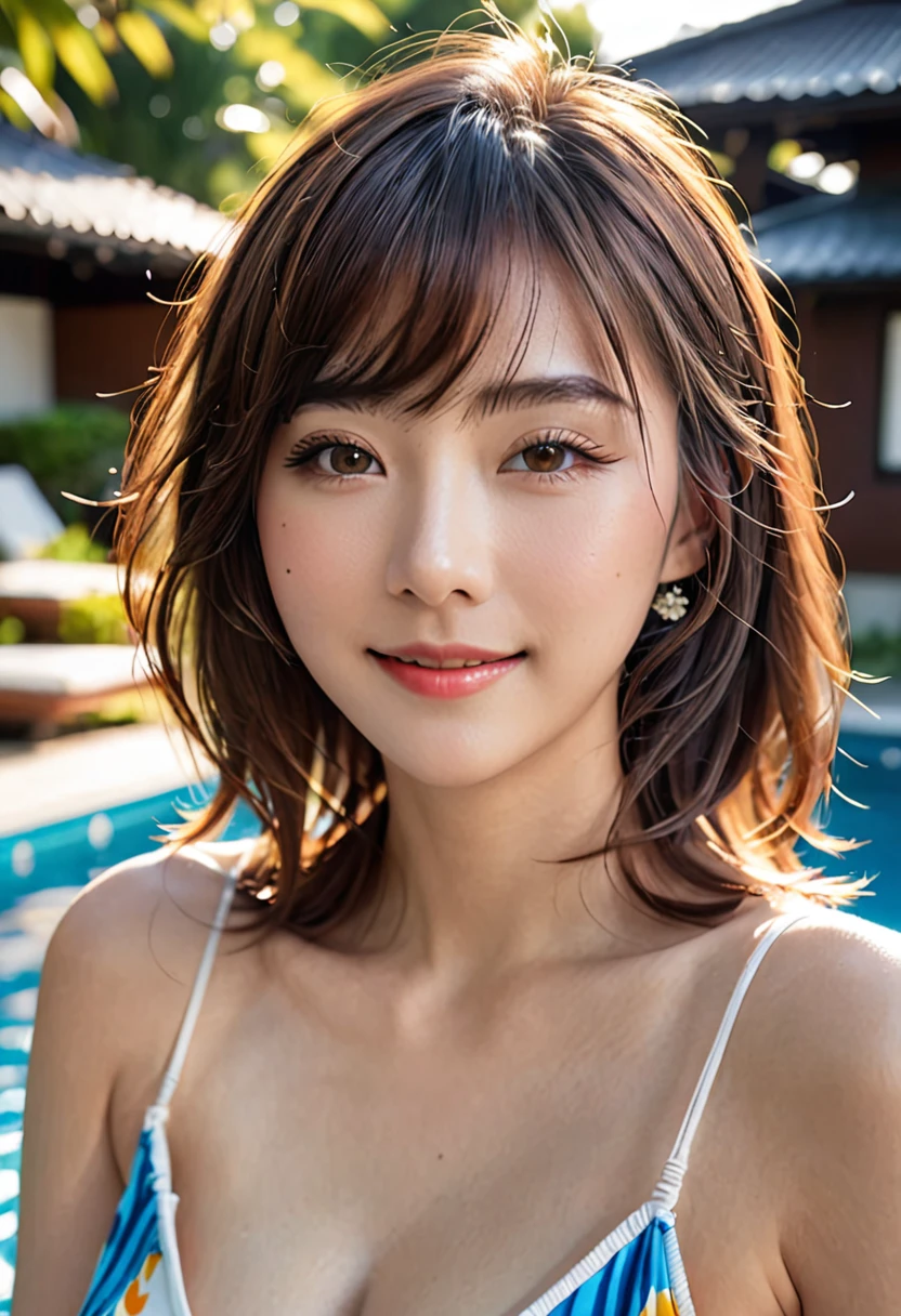 (Highest quality,8K quality,masterpiece:1.3),(Ultra-high resolution,Realistic:1.4,Live Shooting),(Very detailed,Caustics),(Ultra-Realistic Capture,(((Poolside)),beautifully detailed skin),19 years old,Beautiful Japanese, Medium Hair, Asymmetrical bangs, Brown Hair, I'm looking at the camera with a smile on my face,Soft Light,A ray of light shining from above,Natural light，((Pareo))，(((1 female))),