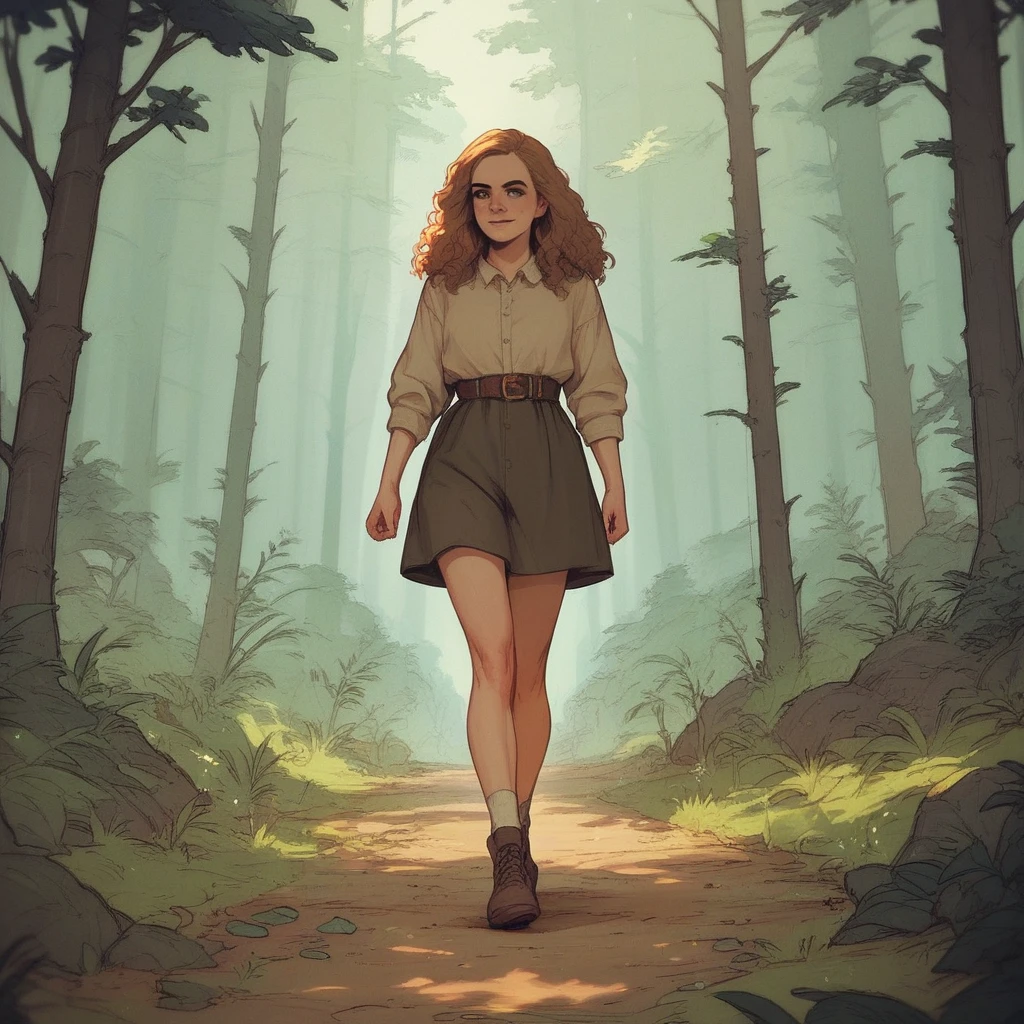 Hermione granger in witch clothes walking in forest happy