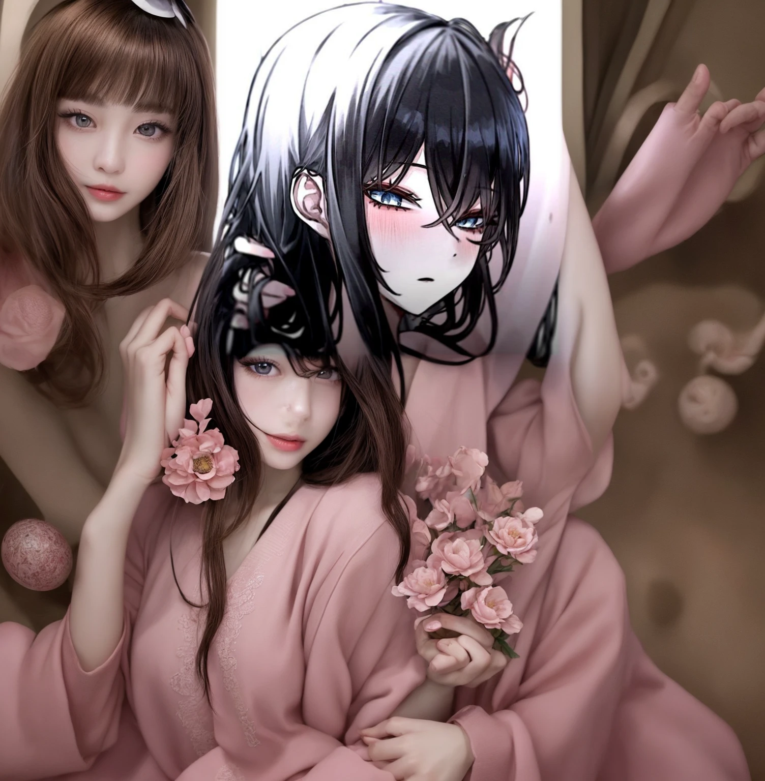 Masterpiece, Best Quality, Oceanfront, banquet, 1 woman, mature woman, elegant, Chinese style, Ancient China, Sister, Royal Sister, happy, meatball head, light brown hair, pink eyes, Beautiful hats, light pink lips, pink clothes, Thread as clothes, Intellectual, full bangs, flat bangs, flower ball, delicate face,collected