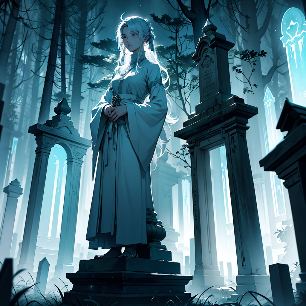 "Ghostly Hauntings": A chilling and sweeping visual narrative set in an ancient Burmese-style graveyard, filled with ethereal ghostly apparitions drifting amidst mossy, intricately carved tombstones. The ghostly spirits are rendered in hauntingly realistic detail, bathed in the ethereal, moonlit glow, creating an eerie, almost surreal, ambiance of a haunted Halloween night. The scene is masterfully executed in ultra-realism, utilizing color field printing, with high detail and 8k ultra-high definition. The anatomically correct specters are brought to life with cinematic 4D quality, evoking a sense of