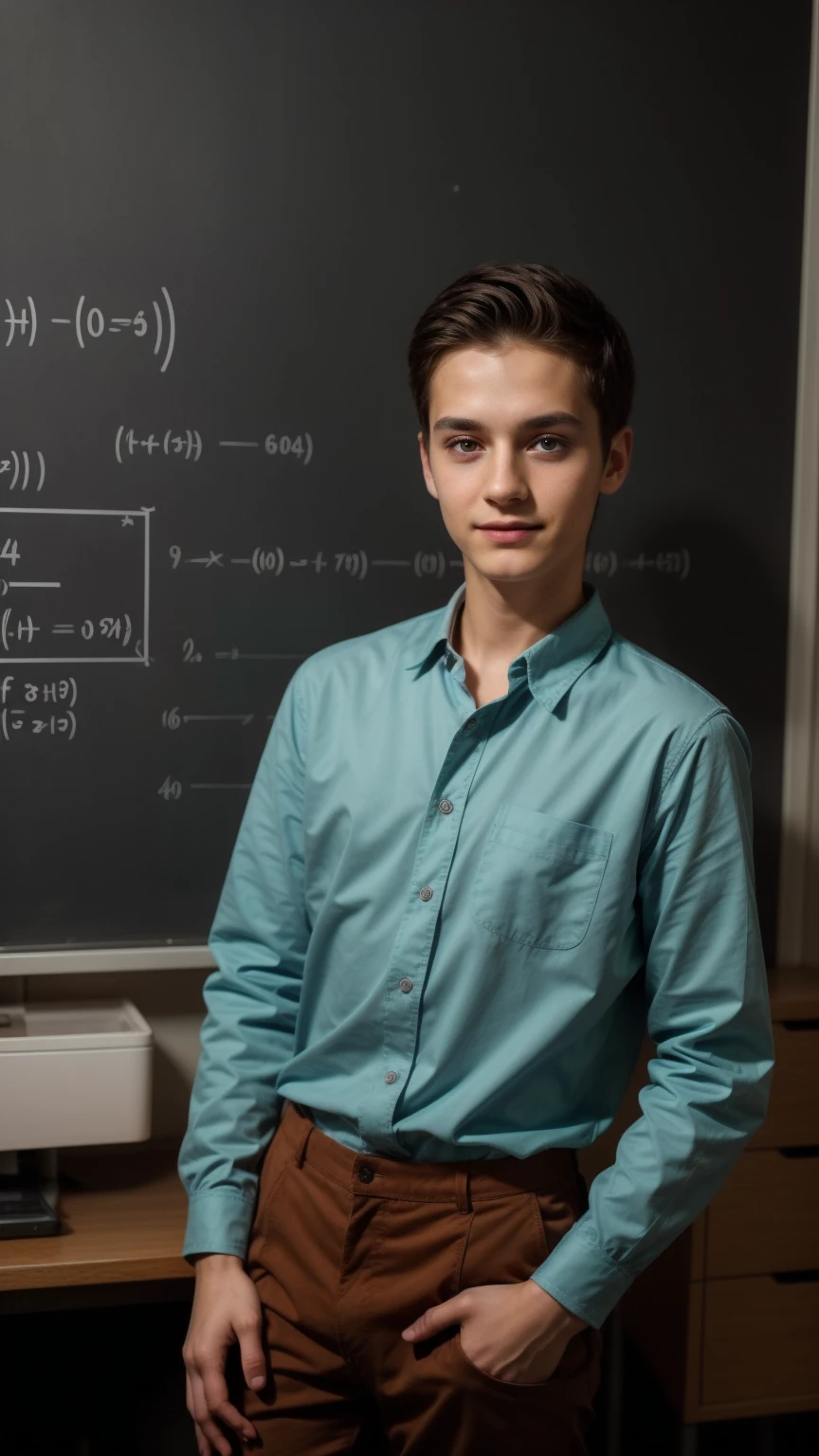 A beautiful young man, a cute male twink, with black hair, a face with reddish make-up, wearing a brown long-sleeved shirt and aqua blue pants. He is in his scientific medical office, and behind him is a blackboard with calculus and mathematical equations written on it, and he looks on proudly.
