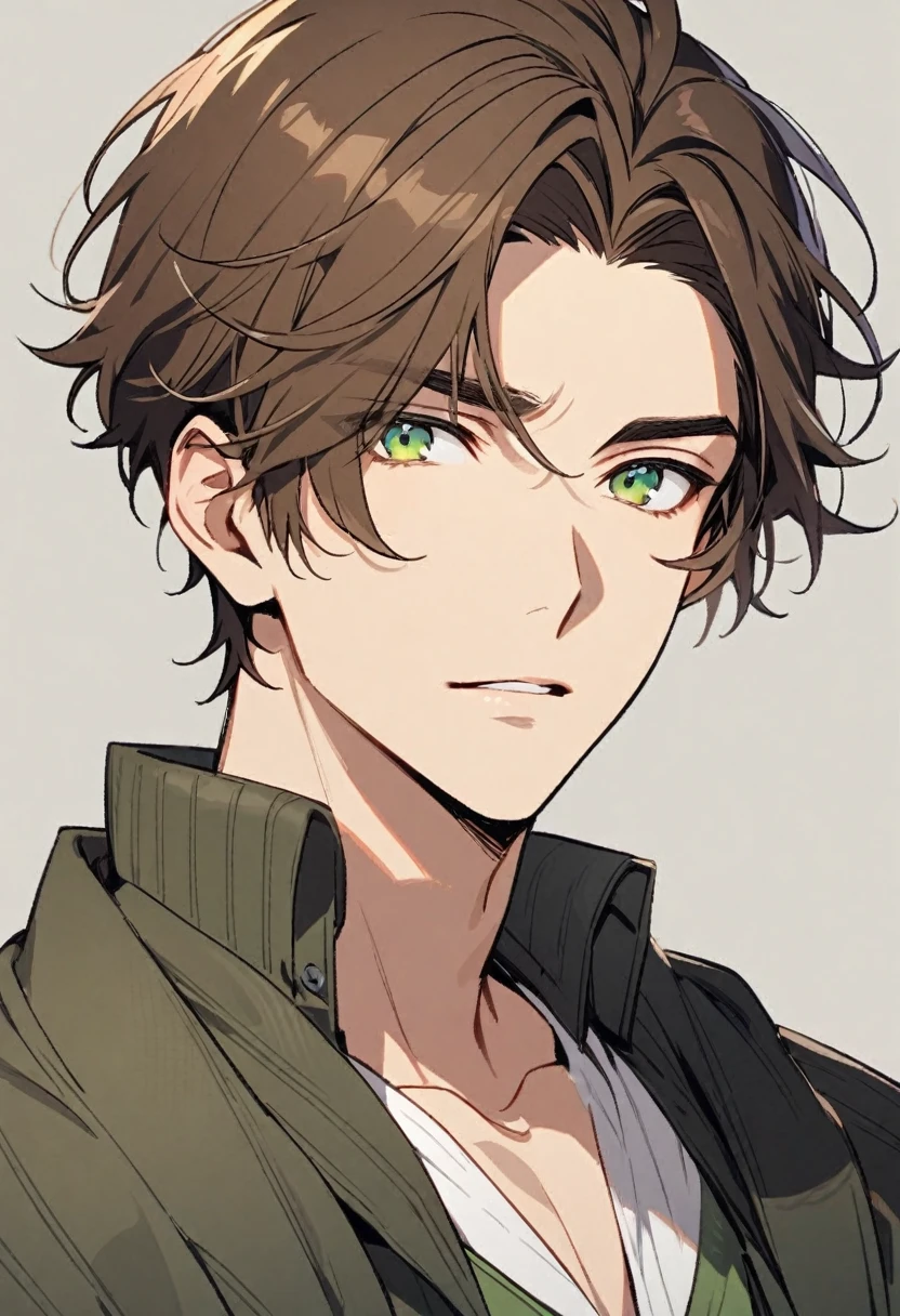 male, handsome, brown hair, short hair, solo, parted bang, green eyes