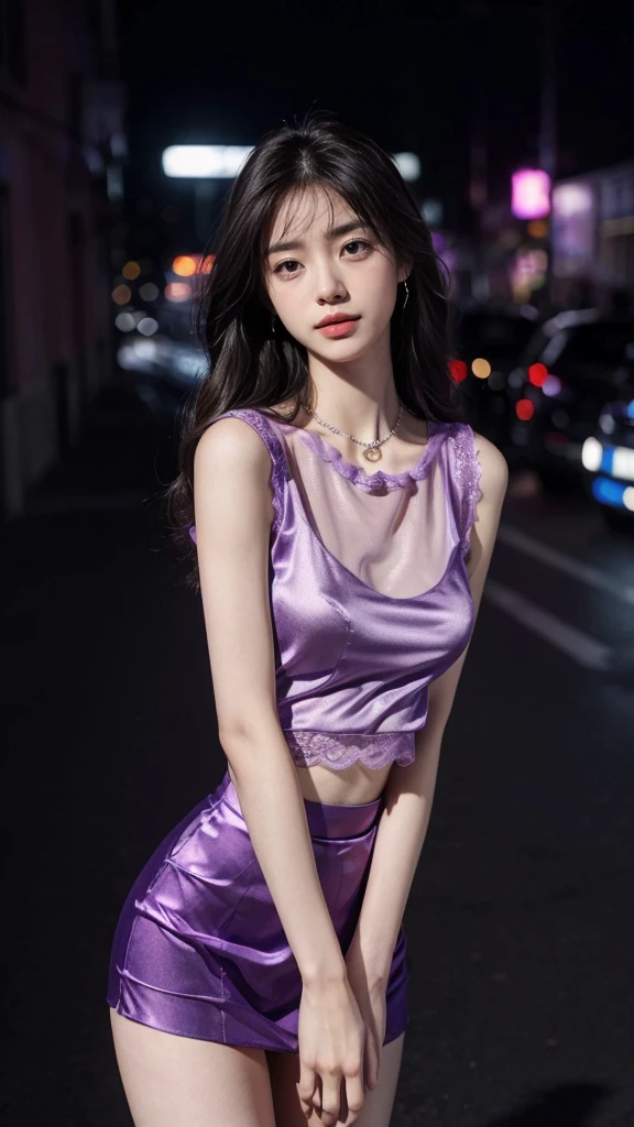 8K, masterpiece, RAW photos, best quality, Reality, extremely detailed CG unity 8K wallpaper, Depth of Field, light, lens flare, Ray Tracing, (Extremely beautiful face, Beautiful lips, beautiful eyes), Complex facial details, ((Ultra-delicate skin)) 1 Girl, in the darkness, Deep Shadows, Beautiful Korean girl, Korean Idol,(Very slim slender fit-muscled body:1.3), ((Looking at the audience)),(A bright smile:1.3), (night, (Neon), (Blurred background), midnight, (No people in the background:1.3), Beautiful Korean girl, White Diamond Earrings, bracelet, necklace, Clear eyes, permanent , front Photo, 站在紫色Neon前, Purple Lamborghini car next to, (Pale skin), (big eyes), full-body shot, ((See-through purple top)), (Hot Satin Purple Shirt)), ((Purple Satin Lace Skirt)), (Looking at the audience:1.3), Very slim, Chest, super round big Chests under the dress, Hermes purple bag, Above-knee length purple skirt, Hairstyle, short hair, front Photo, ((Face Shooting)), ((4 different poses)), ((Sexy angle)), Medium butt, Purple vehicle, Purple bicycle, Purple Bus, Purple Wall, Purple shop edge, Purple Card,