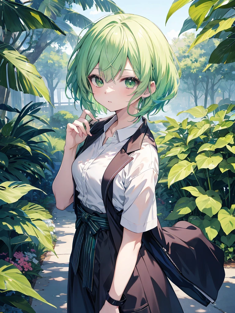 anime style 4 k, anime style. 8k, anime art wallpaper 8k, light green hair, no background, graduated haircut, suit,