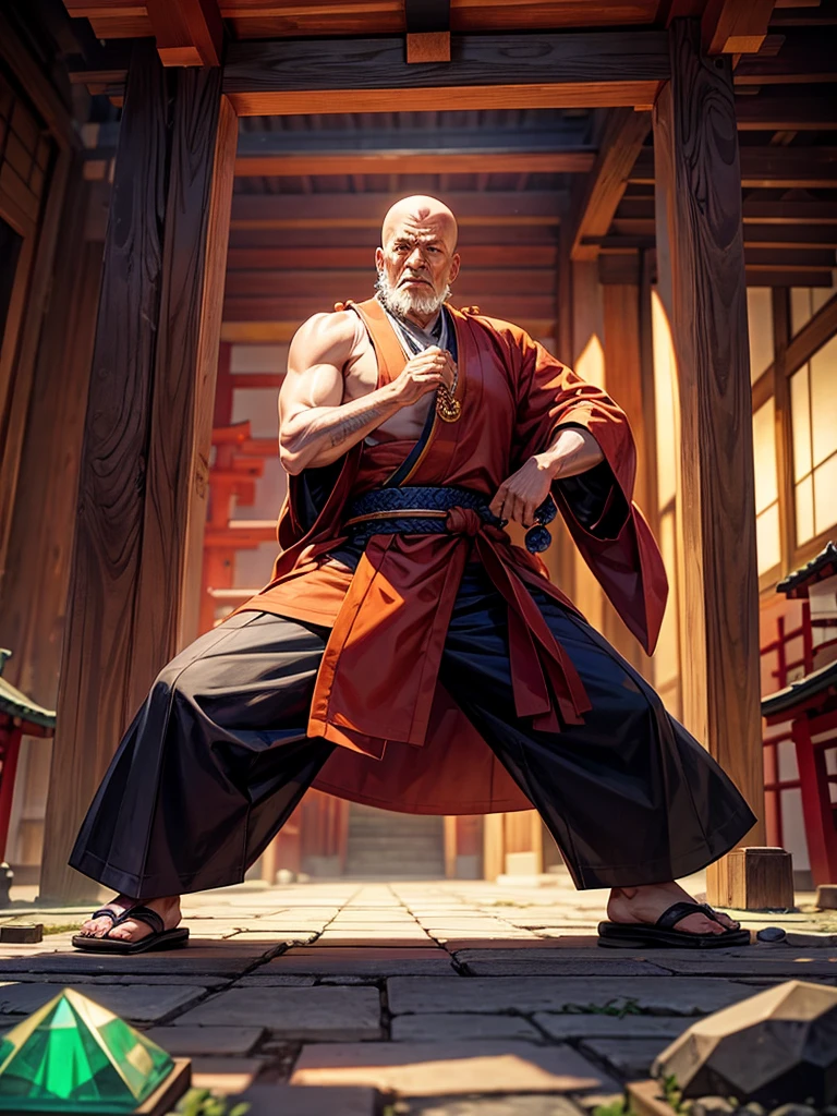 Highest quality,Highest Resolution,An old monk holding a rosary,Temple grounds,Japan,Skinhead,Crystal Jade,Kempo stance,