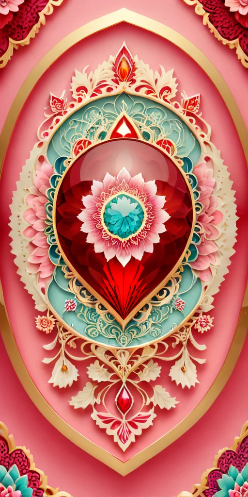 1 crystal heart red color, at center, pastel pink background and mandala motifs