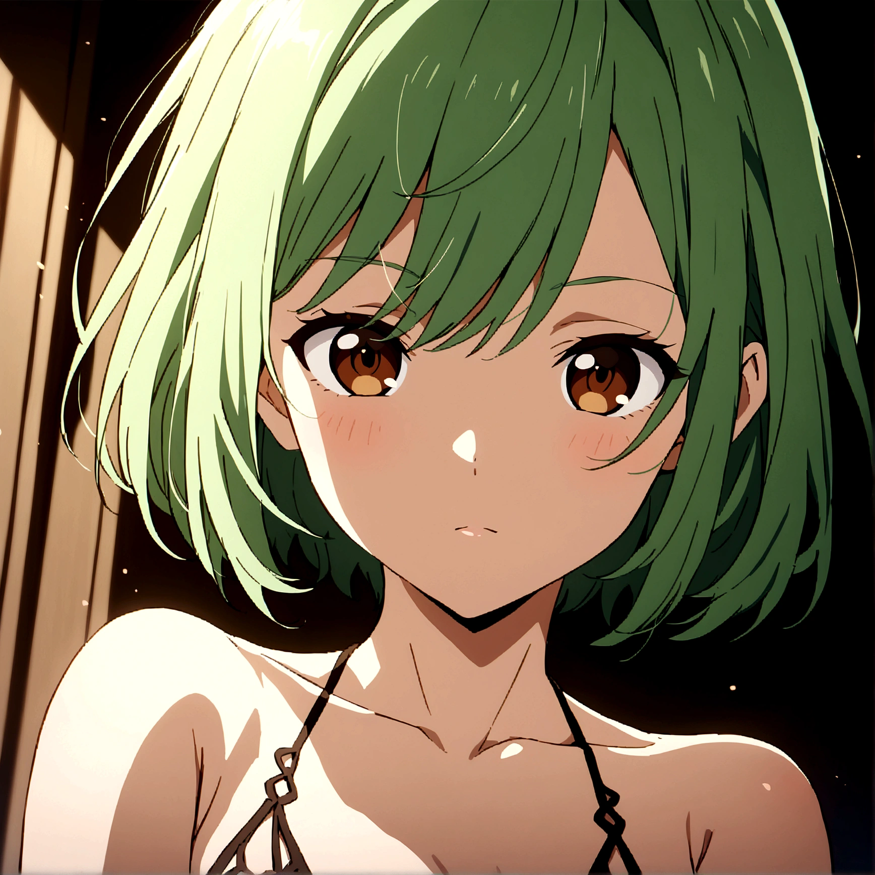 ((best quality)), (detailed), 1girl, , anime, green short hair, brown eyes, not sexy, beautiful, smile