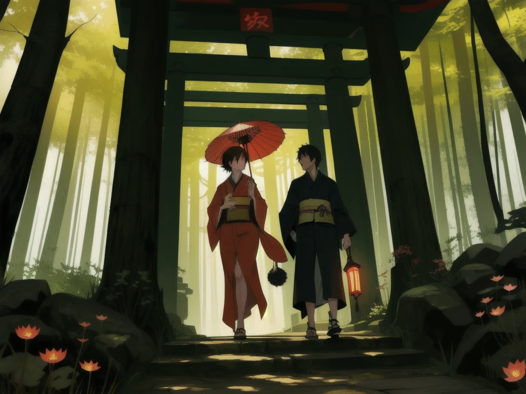 n the serene and mystical forest, where ancient lanterns light the way and the air is filled with the whispers of old spirits, a graceful young woman walks with an air of quiet confidence. Dressed in a beautifully embroidered kimono, she carries a traditional parasol that shields her from the dappled sunlight filtering through the trees. Her long, dark hair is adorned with delicate flowers, and a small, red pouch hangs at her side, hinting at hidden treasures or charms.

As she makes her way up the stone steps, she is accompanied by a group of enigmatic foxes, their eyes gleaming with intelligence and curiosity. These foxes are not ordinary creatures but revered guardians of the forest, bound to her by a deep, ancient bond. They seem to share a silent understanding, their presence both protective and symbolic.

The path she walks is lined with red torii gates, each inscribed with symbols and prayers, leading to a sacred shrine hidden deeper within the forest. The light of the setting sun casts a golden glow over the scene, adding to the ethereal atmosphere.

Write a story about this mysterious woman and her fox companions, exploring the secrets of the forest, the significance of her journey, and the magic that intertwines their destinies.