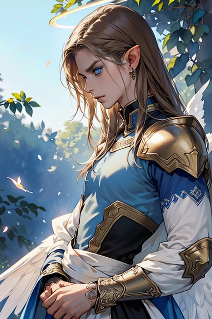 (masterpiece:1.2, best quality), (exquisite eyes: 1.2), ((solo)), (blue eyes:1.4), (exquisite eyes and exquisite face:1.3), ( beautiful and clear background: 1.2), (extremely detailed CG, super detailed, best shadows: 1.1), ((depth of field)), ((watercolor)), Beautiful Concept Art, (dark Background: 0.5), (Illustration: 1.1), (Extremely Delicate: 1.1), (Perfect Details: 1.1), Profile, long hair ,light brown hair,, solo,male, elf ears, ear piercings , black armor, full sleeves, black clothes,Fulllength, angry, angel wings, halo, strong, MALE