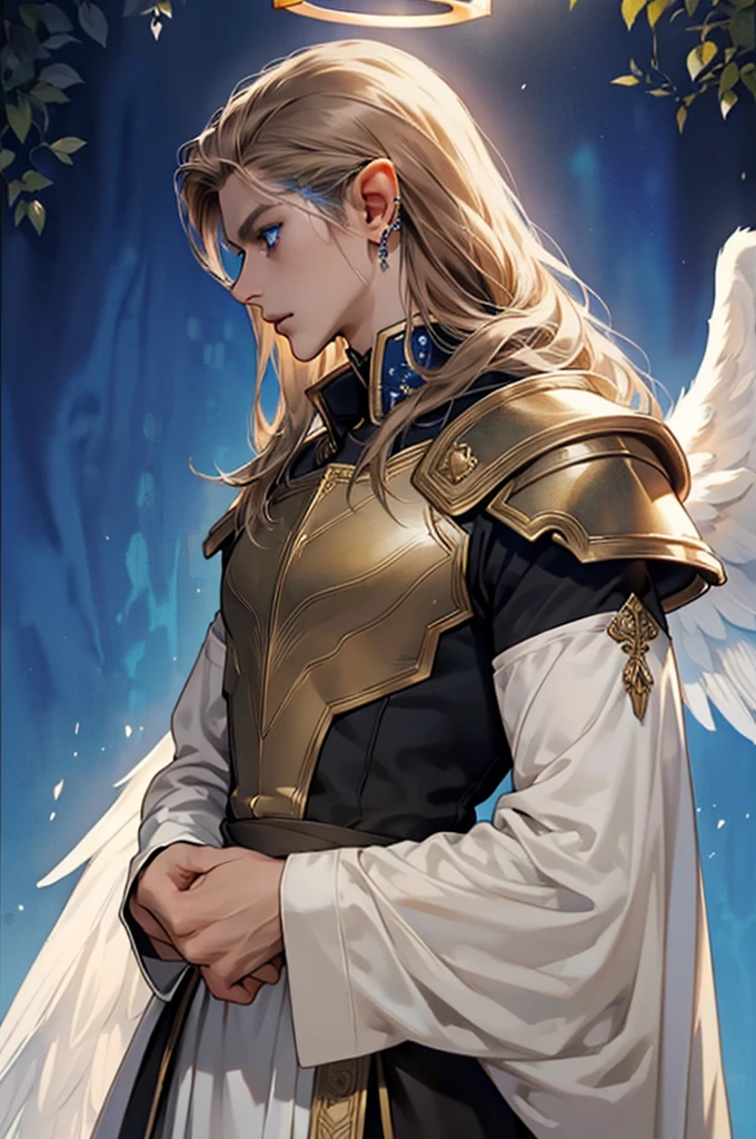 (masterpiece:1.2, best quality), (exquisite eyes: 1.2), ((solo)), (blue eyes:1.4), (exquisite eyes and exquisite face:1.3), ( beautiful and clear background: 1.2), (extremely detailed CG, super detailed, best shadows: 1.1), ((depth of field)), ((watercolor)), Beautiful Concept Art, (dark Background: 0.5), (Illustration: 1.1), (Extremely Delicate: 1.1), (Perfect Details: 1.1), Profile, long hair ,light brown hair,, solo,male, elf ears, ear piercings , black armor, full sleeves, black clothes,Fulllength, angry, angel wings, halo, strong, MALE