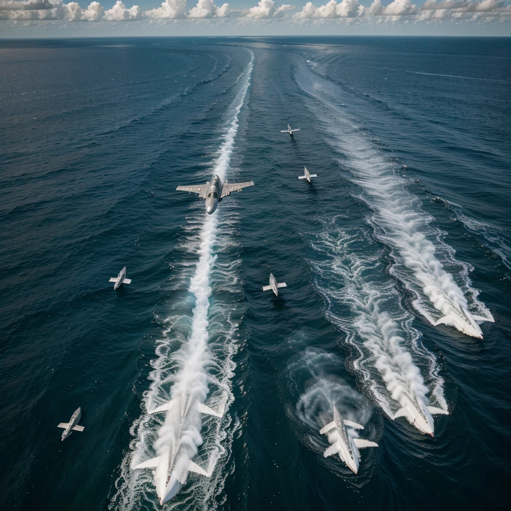 3 F-16 aircraft, Flying over the sea in a V formation. 
