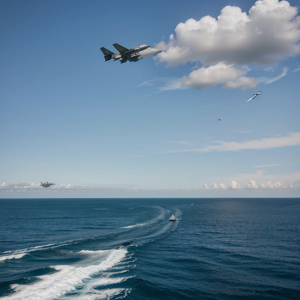 3 F-16 aircraft, Flying over the sea in a V formation. 