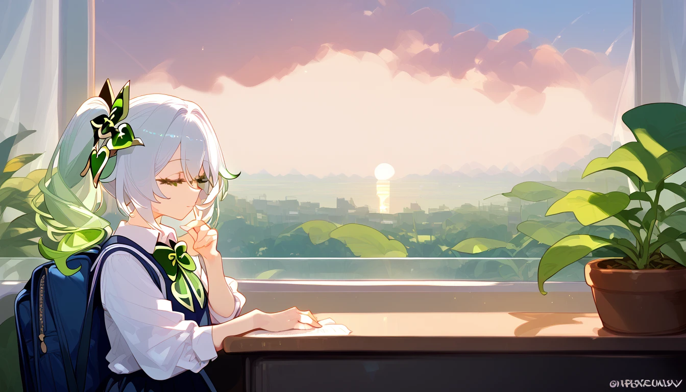 score_9,score_8_up,score_7_up,
1girl,solo,nahida,genshin impact,closed mouth,,at school,(school uniform:1.2),, smile, windows, sunset, sitting on the windowsill,sun, clouds, greenery,desk
