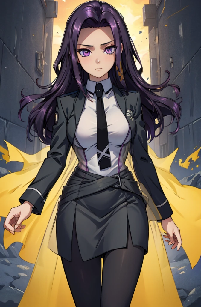 Masterpiece. detailed eyes, waist-length reddish purple hair, Large breasts, black dress, black shirt, magic_high_school_uniform, Charcoal jacket, black necktie, yellow skirt embroidery 