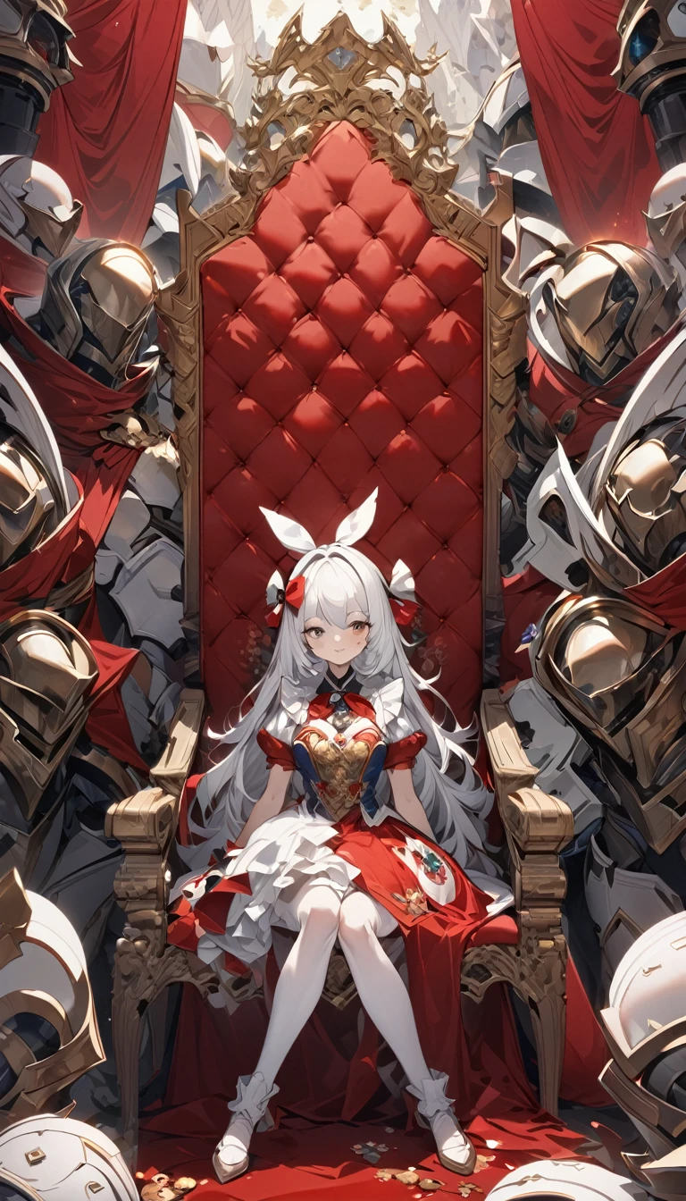 quality\(8K,非常に精細なCGユニットのwallpaper, masterpiece,High resolution,top-quality,top-quality real texture skin,Surreal,Increase the resolution,RAW Photos,最高quality,Very detailed,wallpaper\),BREAK,Alice in Wonderland, One Girl, Alice sitting on a gorgeous throne, Throne of Power, Spade family crest, BREAK、pure whiteの鎧を着る近衛兵, Mirage Knight, Disciplined Imperial Guard,pure whiteの王宮, Red carpet, Gold embroidery, pure white,