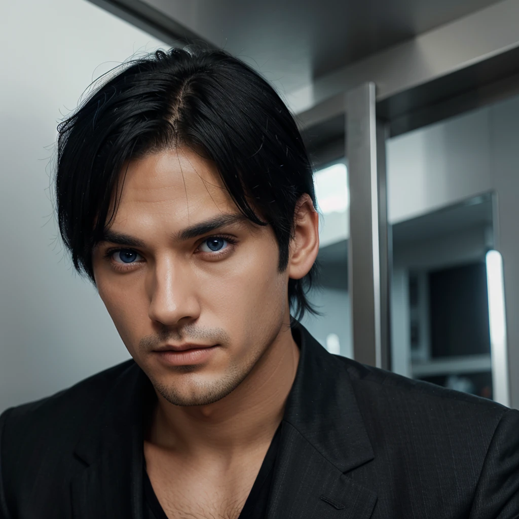 Man in black hair suit with blue eyes