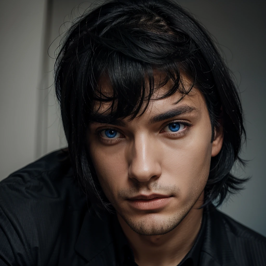 Man in black hair suit with blue eyes