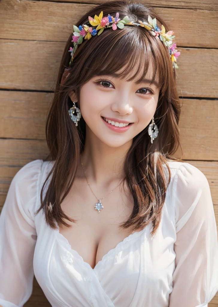 Eat pancakes,Flat Chest、(Slim body)、((Slim body))、Long Hair,Straight Bangs,Embarrassing,masterpiece,diamond、Earrings,background of fantasy,(((Brown Hair)))、 hair ornaments,Headband,A town of colorful wall art、Kakaako、Everlasting summer、White shirt and denim hot pants、Hawaii、 Highest quality, High resolution, unity 8k wallpaper, (shape:0.8), (Beautiful details:1.6), Highly detailed face, Sing happily、looking at the camera、laugh、smile、
