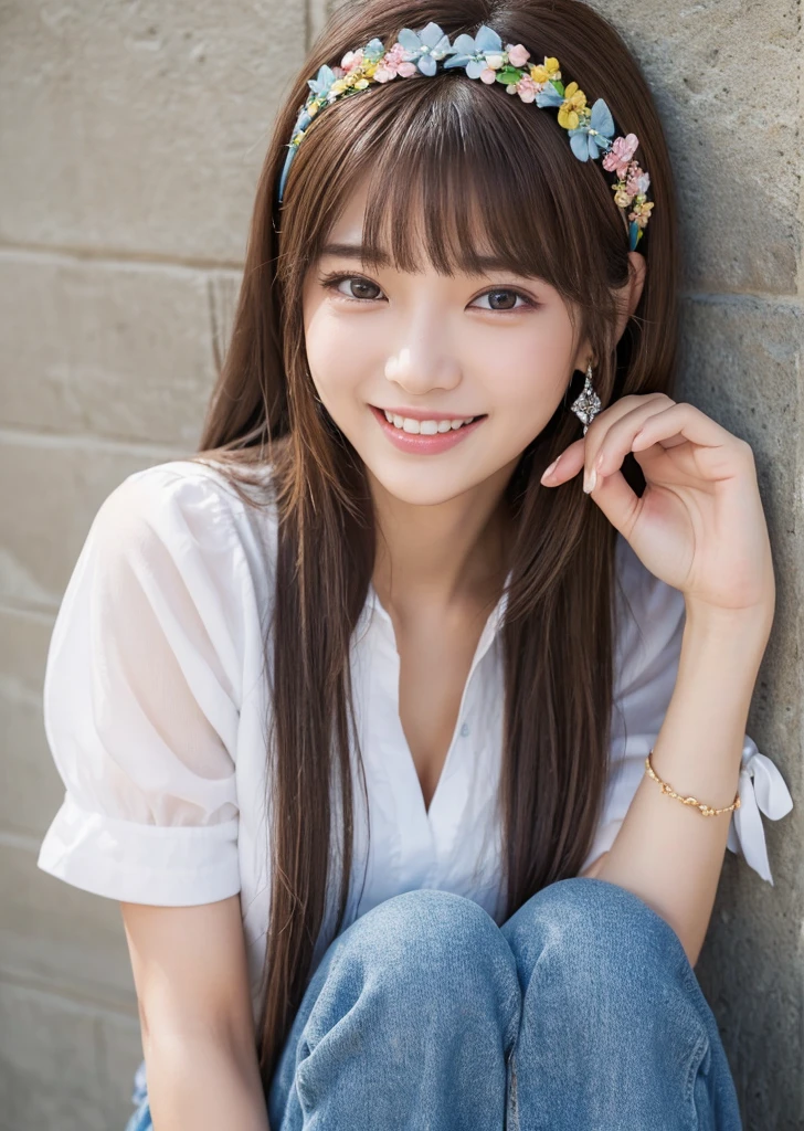 Eat pancakes,Flat Chest、(Slim body)、((Slim body))、Long Hair,Straight Bangs,Embarrassing,masterpiece,diamond、Earrings,background of fantasy,(((Brown Hair)))、 hair ornaments,Headband,A town of colorful wall art、Kakaako、Everlasting summer、White shirt and denim hot pants、Hawaii、 Highest quality, High resolution, unity 8k wallpaper, (shape:0.8), (Beautiful details:1.6), Highly detailed face, Sing happily、looking at the camera、laugh、smile、