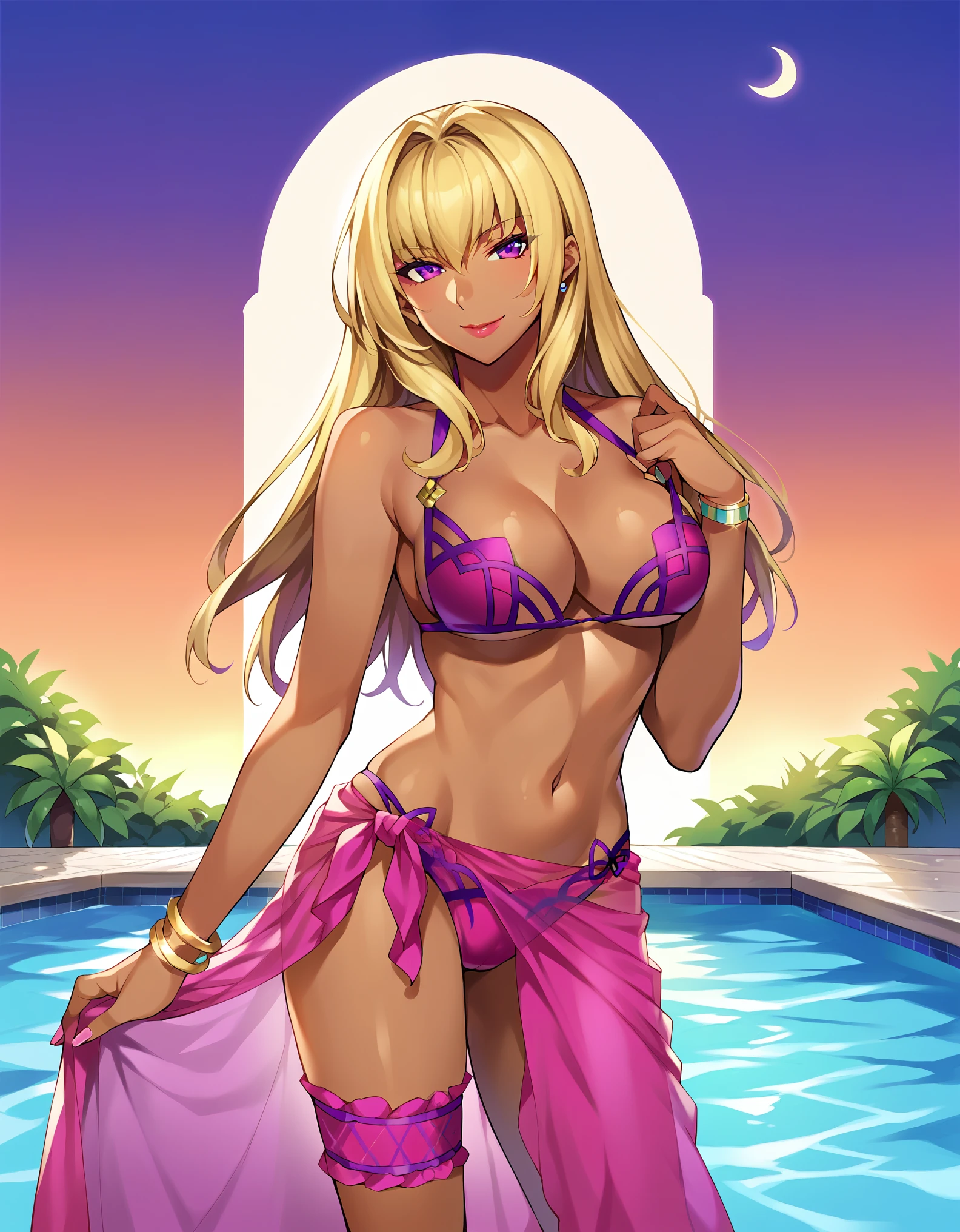 masterpiece, score_9, score_8_up, score_7_up, BREAK source_anime,best quality, extremely detailed, 1girl, milf, solo, (dark skin, black skin:1.8), (large breasts:1.2), ((((blonde hair), long hair, purple eyes))), red lips, (((purple bikini, hibiscus, bridal garter, sarong))), ((seductive smile), closed mouth), ((swimming pool))