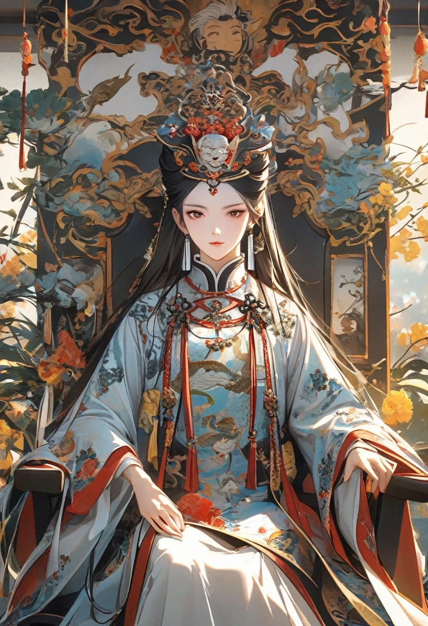 Image of man in dress sitting on chair, Sit in royal comfort, Qing Dynasty painting, Qing Dynasty, royal emperor, Inspired by Guo Xi, 宣德emperor, Chinese Queen, emperor肖像, Ceremonial Portraits, royal portrait painting, Inspired by Xie Huan, Majesty in expensive clothes, proud emperor, emperor, Wearing gorgeous silk clothes