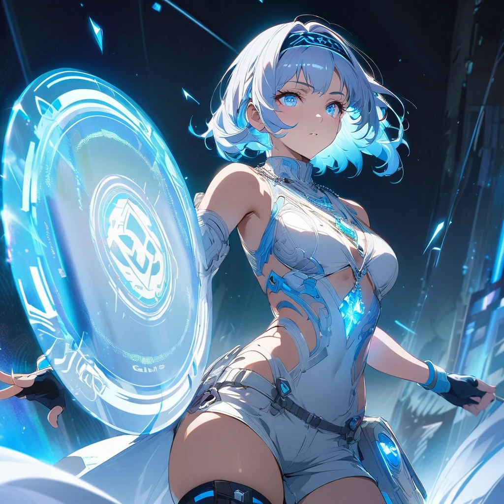 Create an image of a gentle girl with short, silvery-blue hair wearing a fitted, high-collar, long-sleeved shirt with glowing runic patterns, slim-fit cargo pants, fingerless gloves with LED strips, articulated knee guards, and sturdy, glowing-trim combat boots; she has a high-tech headband, (nude:0.8) a silver necklace with a crystal pendant, and a wrist-mounted holographic projector, and she is generating a large, translucent energy shield with intricate, glowing blue patterns, standing in a dynamic yet gentle pose with a dark, dramatic background illuminated by blue light and energy waves, detailed gorgeous face| anime style| key visual| intricate detail| highly detailed| breathtaking| vibrant| panoramic| cinematic| Carne Griffiths| Conrad Roset| gibbli 8