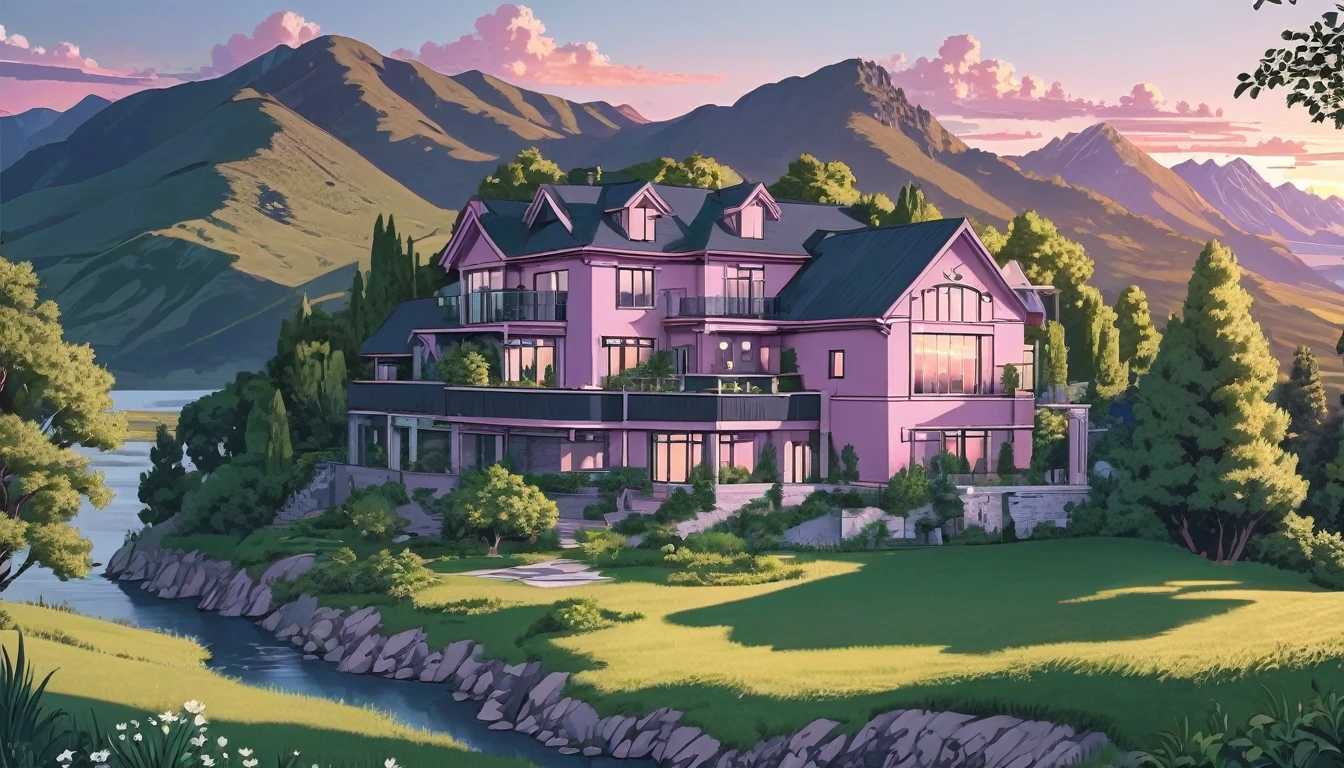 line art, aesthetic art, evening, sunset, clouds, in the valley, surrounded by big mountains, highly detailed architect house on river side, green trees, bushes, sunset light pink colour.