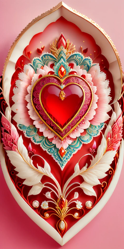 1 crystal heart red color, at center, pastel pink background and mandala motifs