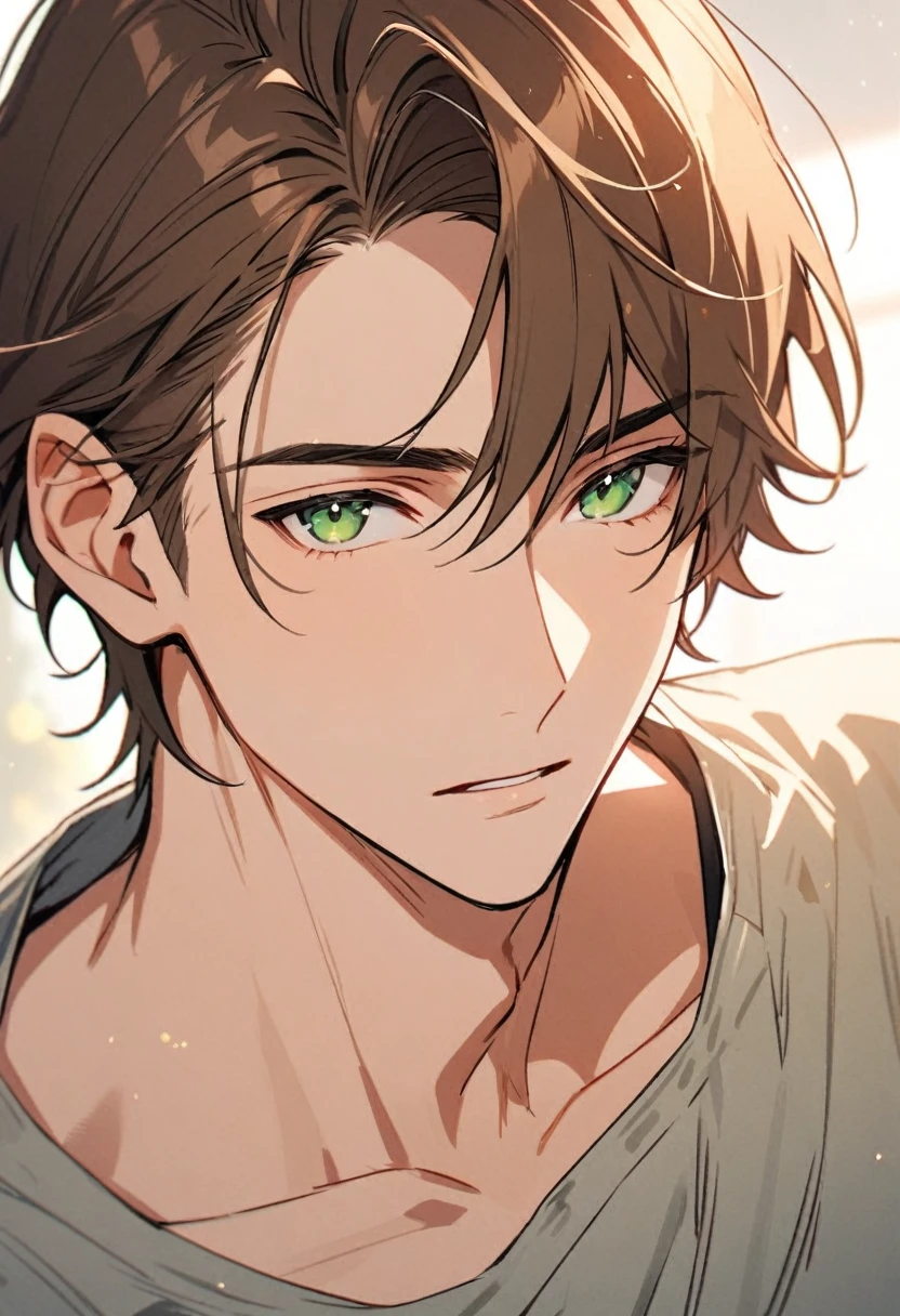 male, handsome, brown hair, short hair, solo, parted bang, green eyes