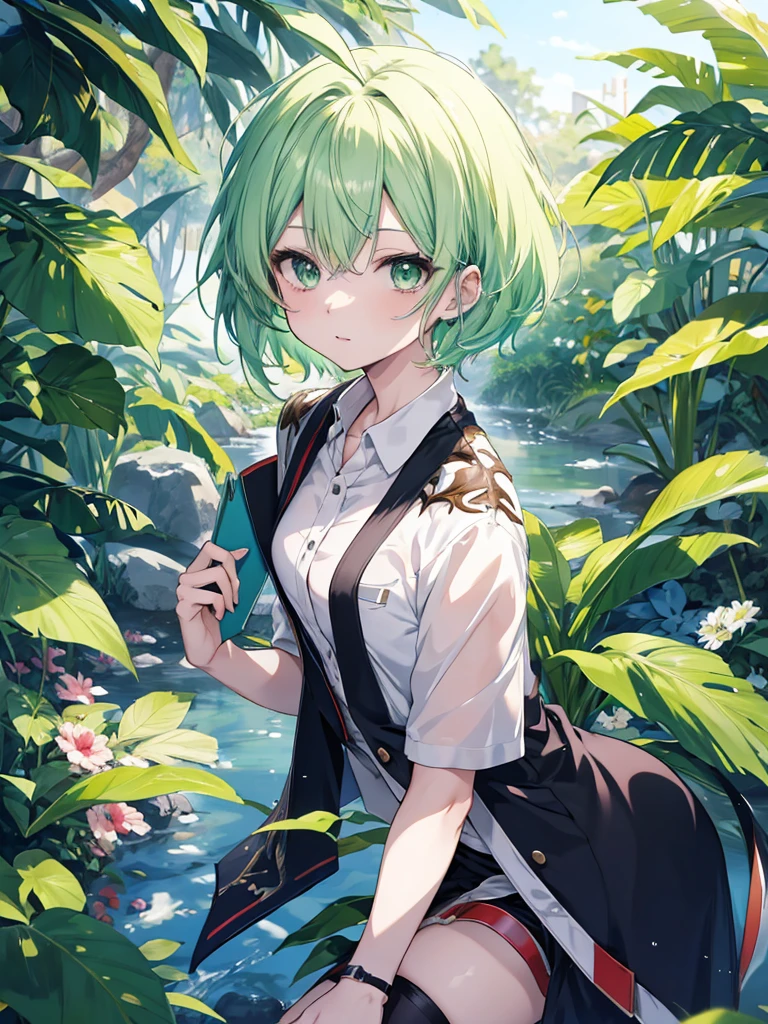 anime style 4 k, anime style. 8k, anime art wallpaper 8k, light green hair, no background, graduated haircut, suit,