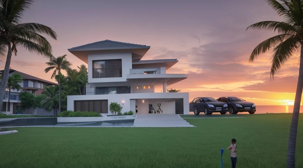 arafed view of a modern villa , sunset time, a green grass, green landscape, coconut tree, cars, architectural render, architectural visualization, architectural rendering, large modern residence, architectural 3 d render, award-winning render, stunning render, modern, realistic, interior architecture, Art Deco, depth of field, motion blur, cinematic lighting, vignetting, highres, high quality, high details, masterpiece