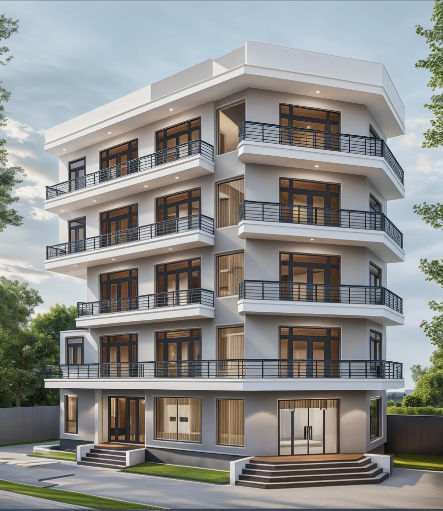 1 modern townhouse, the main materials of the house are white and gray wall colors: 1.2, glass panels: 1.1, glass doors: 1.2, black iron railings, 1 large yard, 1 road in front of the house, (Raw , Real photos, best quality, masterpiece effects: 1.2), modern and minimalist appearance, road in front of the house, dynamic lighting: 1.3, (super realistic, photo-realistic: 1.2), quality high quality, (dark light:1.2), excellent perfect lighting, ((with people, with cars))