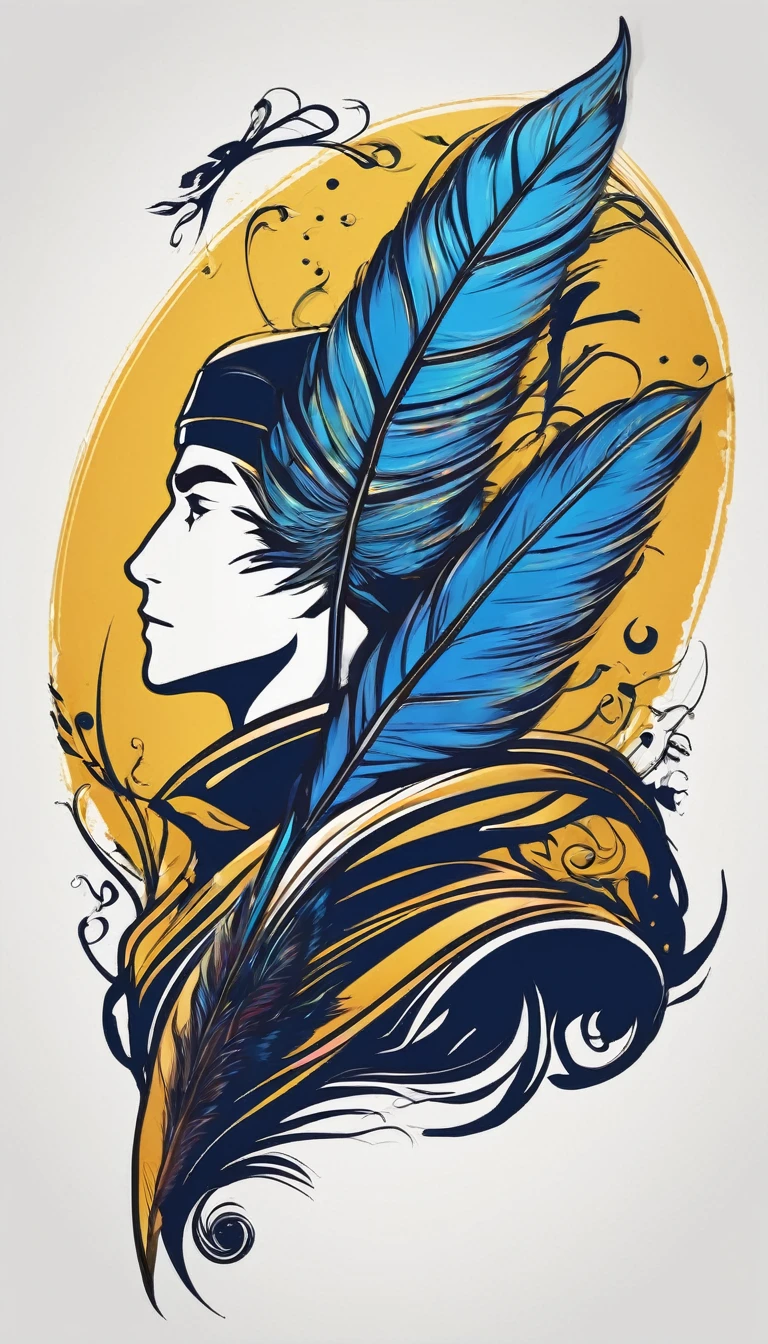 Create a minimalistic, simple, fantastic, easy to understand, logo design of a boy and a feather for an upcoming Fantasy Role Playing Game called " Penamemoria". The game is about a world full of bird and feathers. A boy enters that world and discovers his true artistic identity. Create a logo design that transmits the essence of this videogame. It´s a fantasy game, with fantasy elements. Create the logo in the center and a fantasy theme as background. Use the colours blue, white, yellow in the logo. The logo design must convey a sense of fantasy, dreams and music. Must convey a feeling of being a true Dreamer