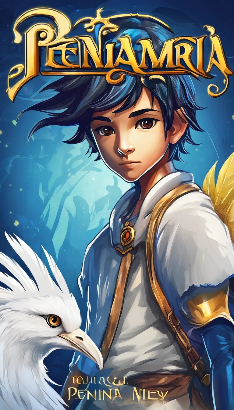 Create a minimalistic, simple, fantastic, easy to understand, logo design of a boy and a feather for an upcoming Fantasy Role Playing Game called " Penamemoria". The game is about a world full of bird and feathers. A boy enters that world and discovers his true artistic identity. Create a logo design that transmits the essence of this videogame. It´s a fantasy game, with fantasy elements. Create the logo in the center and a fantasy theme as background. Use the colours blue, white, yellow in the logo. The logo design must convey a sense of fantasy, dreams and music. Must convey a feeling of being a true Dreamer