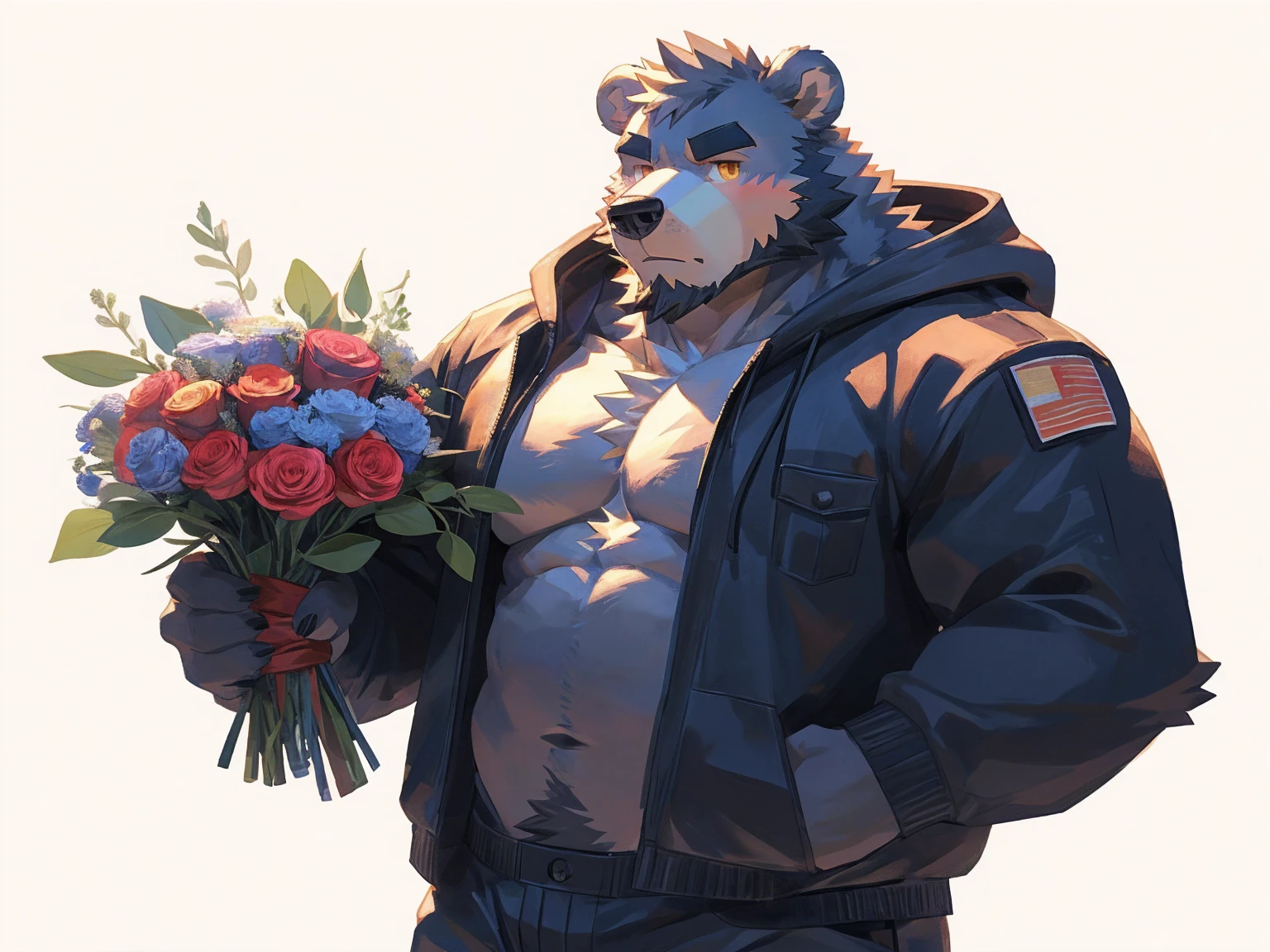 (masterpiece:1.2), best quality,pixiv,official art,perfect anatomy, (Ray tracing, light),solo, (1_male:1.3) , (muscle), (grey fur:1.4), (muscle bear), (beard:1.2), (gleaming golden eyes), bear tail, Thick eyebrows, open hoodie, (naked inside:1.2), cargo pants , (pure white background: 1.3),  (holding bouquet:1.3), pokerface, looking at bouquet: