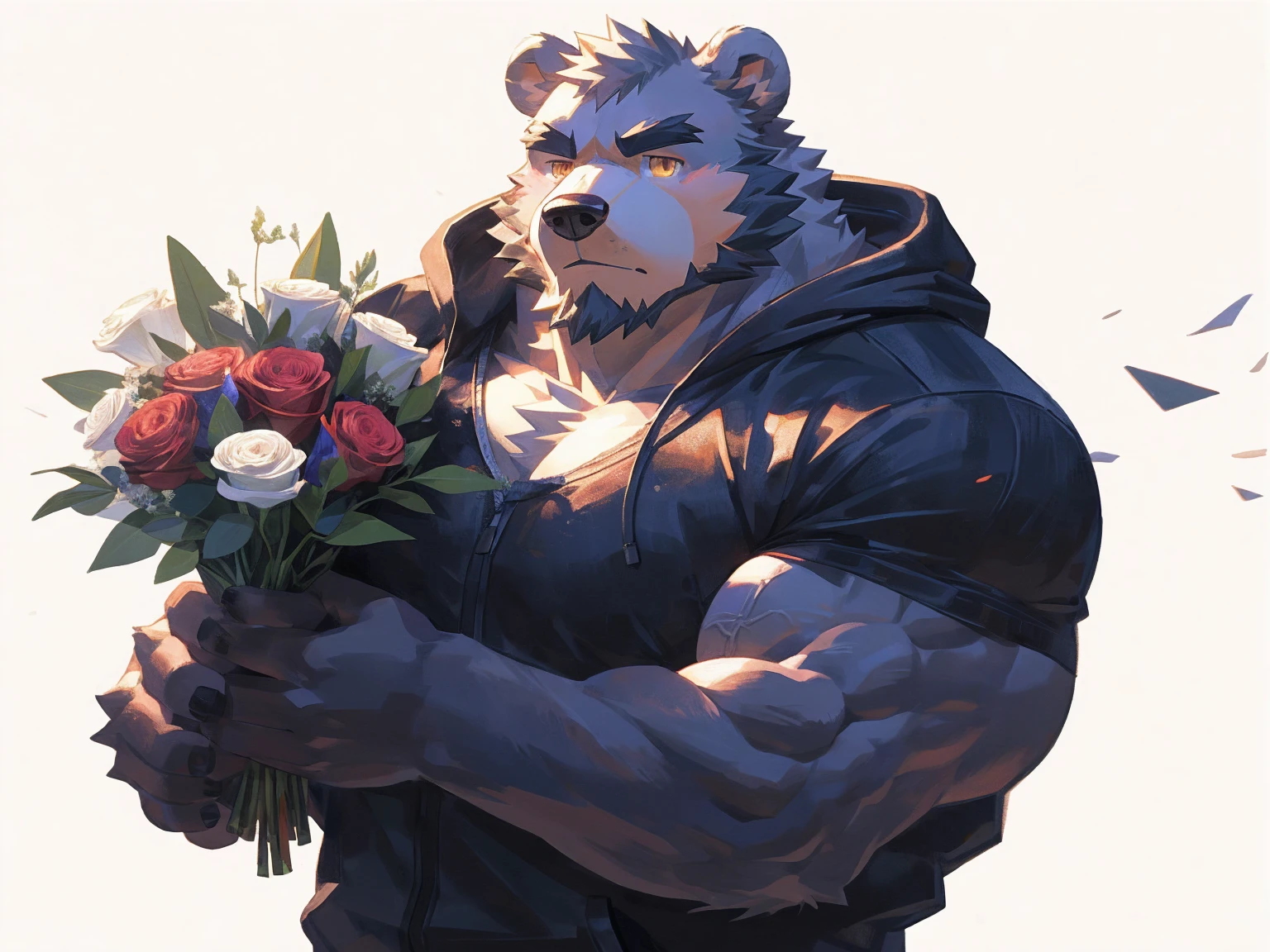 (masterpiece:1.2), best quality,pixiv,official art,perfect anatomy, (Ray tracing, light),solo, (1_male:1.3) , (muscle), (grey fur:1.4), (muscle bear), (beard:1.2), (gleaming golden eyes), bear tail, Thick eyebrows, open hoodie, (naked inside:1.2), cargo pants , (pure white background: 1.3), (holding bouquet:1.3), pokerface, looking at bouquet: