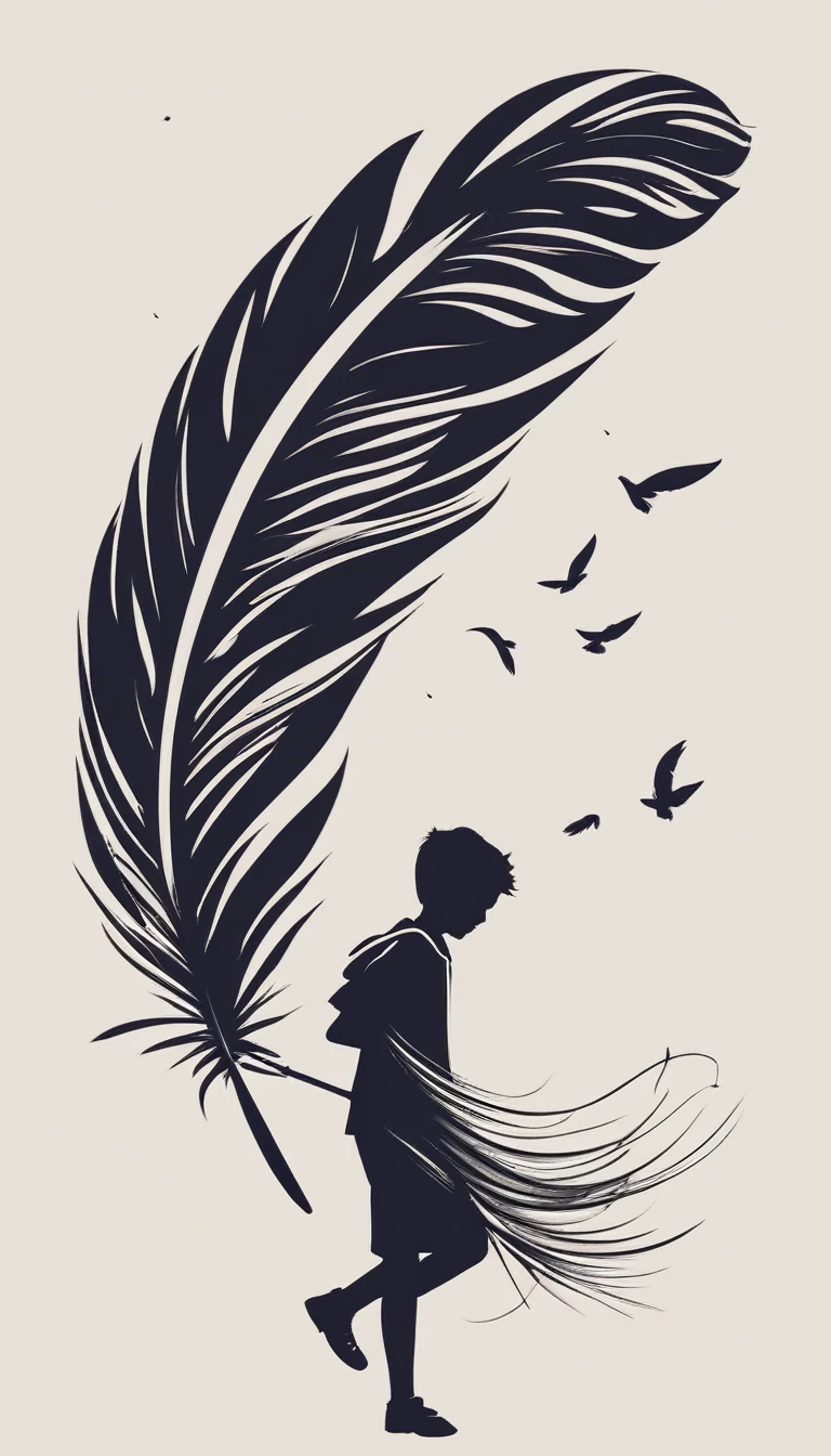 Create a minimalistic, simple, fantastic, easy to understand, logo design of a boy chasing memories with a feather.