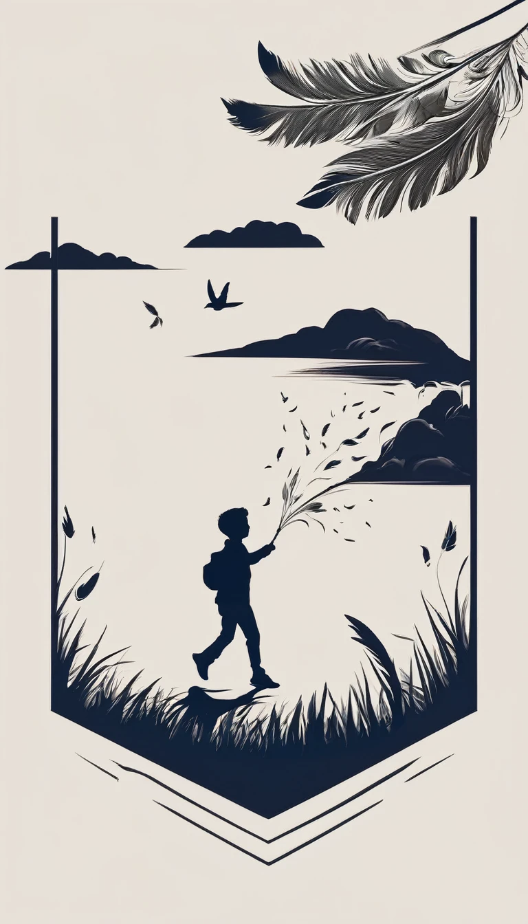 Create a minimalistic, simple, fantastic, easy to understand, logo design of a boy chasing memories with a feather.
