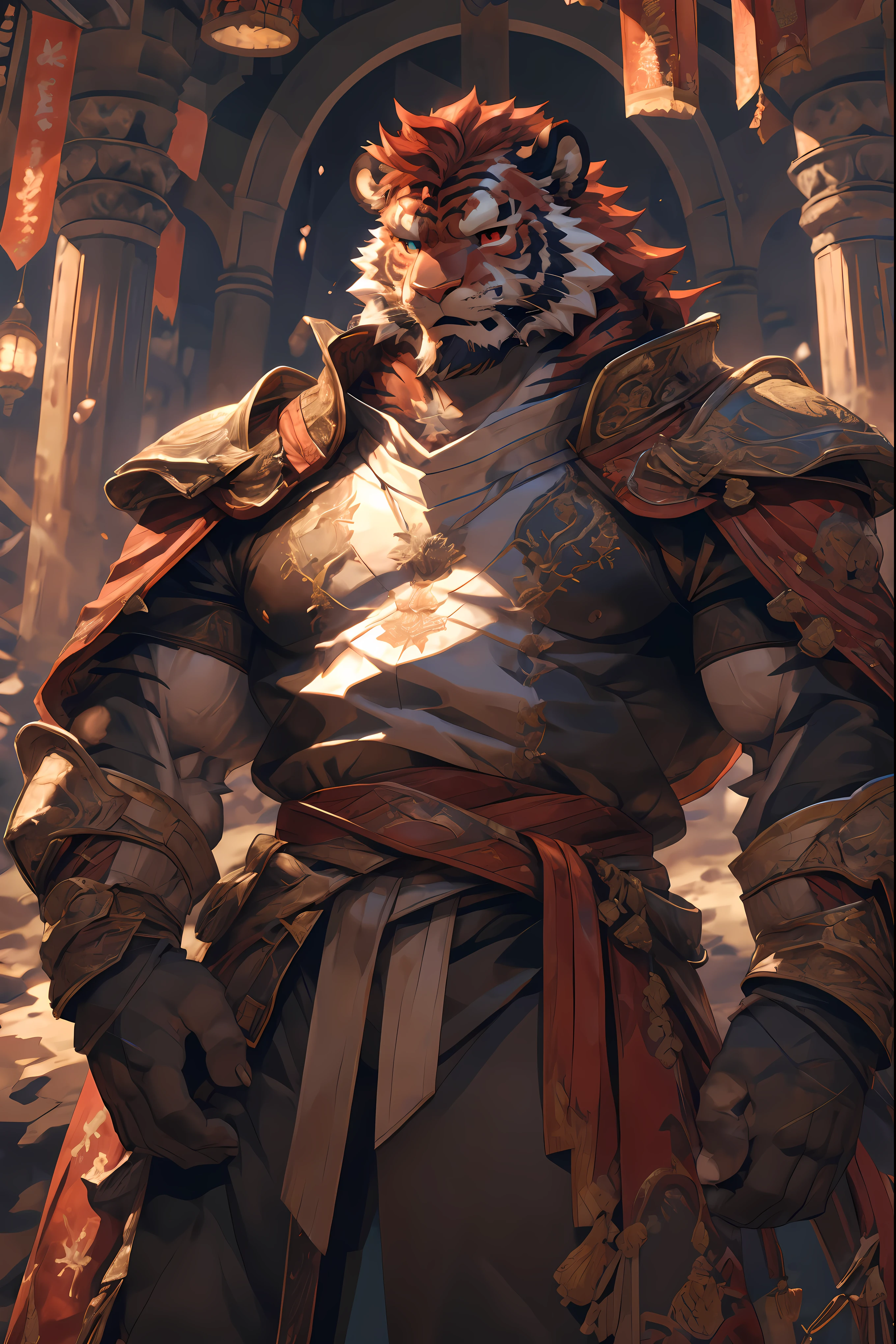 (Red tiger),(Crimson Fire Military Commander Tabard),(Holding a long sword),Awesome posture,Sitting quietly on the edge of the cliff,(The background is a city with bright lights.:1.2),Abdominal muscles,A perfect masterpiece,Various facial details,Close-up view,specific description,masterpiece,cg,(Red eyes),Crimson pattern,Crimson tail,Military commander,Heroic,tiger,Crimson fur,Detailed facial details,),(Half Body),(Long feather),((middle aged)),(Face Focus:1.3),(16K),HD,Red and white abdomen,temple,beard,(Face lines),heterochromia,(Red battle robe),(Crimson hair),Strong,muscle,(high resolution:1.3),
