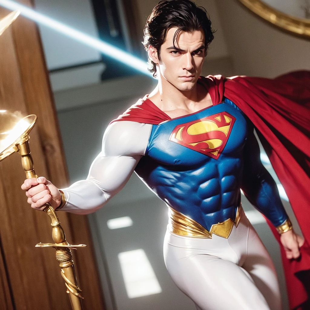 Superman, realist, gold arms, henry cavil, movie, white cover, simbol S gold, spiky hair