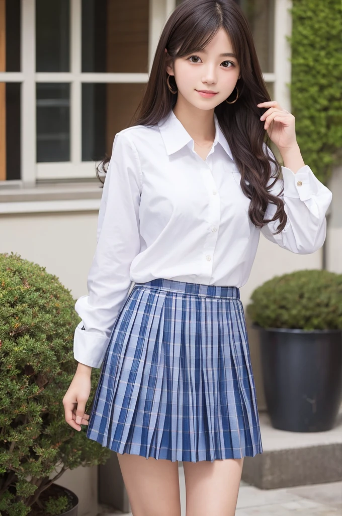 Masterpiece、high quality、Japanese、18-year-old、cute、White shirt、Navy Pleated Skirt