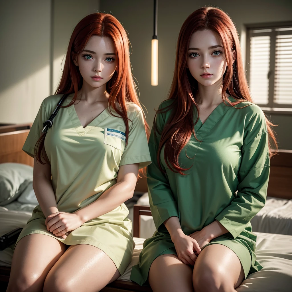 raw photo, 1girl, age22, natural medium-large breasts, long hair, red hair, green eyes, Hospital nurse clothes, indoors, looking at viewer, Hospital lighting, deep shadow, low key, intricate detail, detailed skin, pore, hdr, photorealistic, masterpiece, best quality, highres