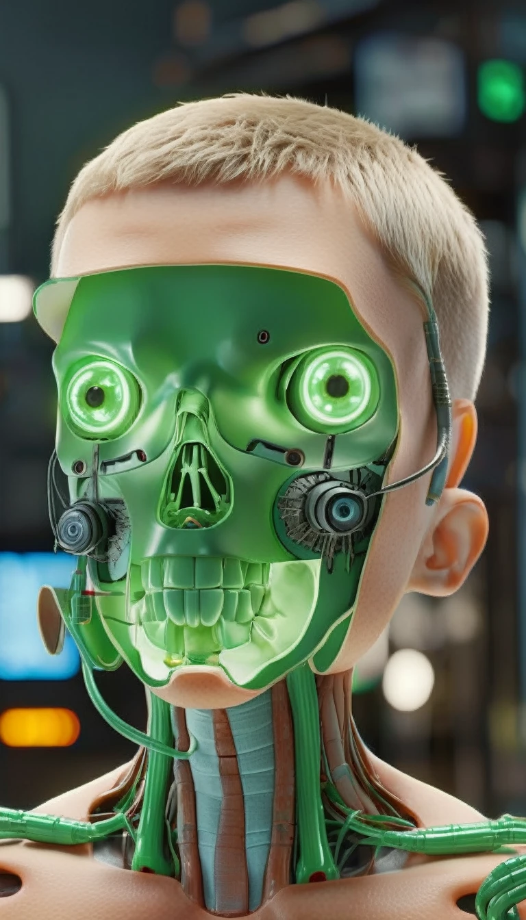 1 mechanical boy, male, short hair, short haircut, blonde hair, green eyes, blonde, (watching the camera:1.5), (24 age) ((ultra realistic details)), global illumination, shadows, octane render, 8k, ultra sharp,metal, intricate, ornaments detailed, highly intricate details, realistic light, glowing eyes, facing camera, neon details, machanical limbs, blood vessels connected to tubes: 0.5 ,mechanical cervical attaching to neck: 0.5, wires and cables connecting to head