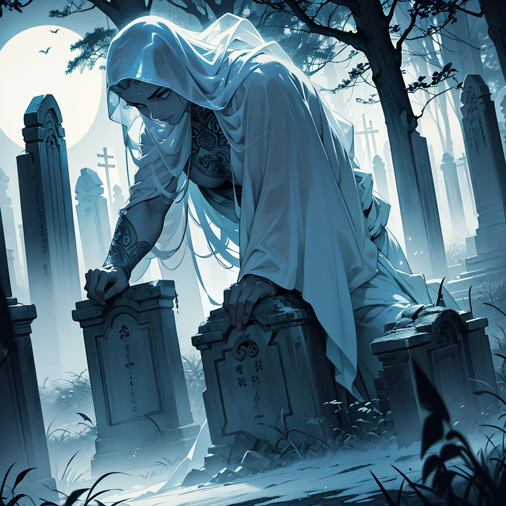 "Ghostly Hauntings": A chilling and sweeping visual narrative set in an ancient thailand-style graveyard, filled with ethereal ghostly apparitions drifting amidst mossy, intricately carved tombstones. The ghostly spirits are rendered in hauntingly realistic detail, bathed in the ethereal, moonlit glow, creating an eerie, almost surreal, ambiance of a haunted Halloween night. The scene is masterfully executed in ultra-realism, utilizing color field printing, with high detail and 8k ultra-high definition. The anatomically correct specters are brought to life with cinematic 4D quality, evoking a sense of