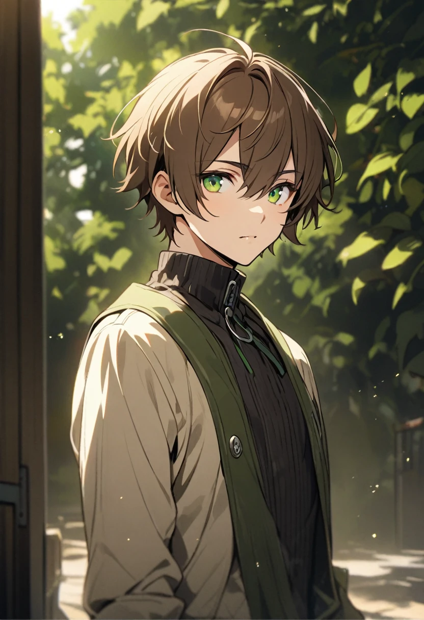 male, brown hair, short hair, solo, green eyes