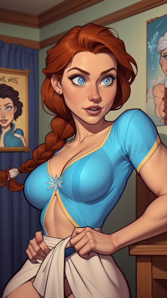 Compensation! Here is the revised and cleaner text:
--- Character: Queen Anna of Arendelle with battle scars.
Description: Cartoon image of a woman. Cartoon style illustration, with highly detailed character design. detailed digital art, showing courage and high quality portrait.
characteristics:
- Portrait character design - Beautiful digital illustration - Comic art - Young girl with braided hair - Beautiful lined eyes - Medium-large bust and wonderful sexy clothes - Expression of sexual desire from waist to head ---