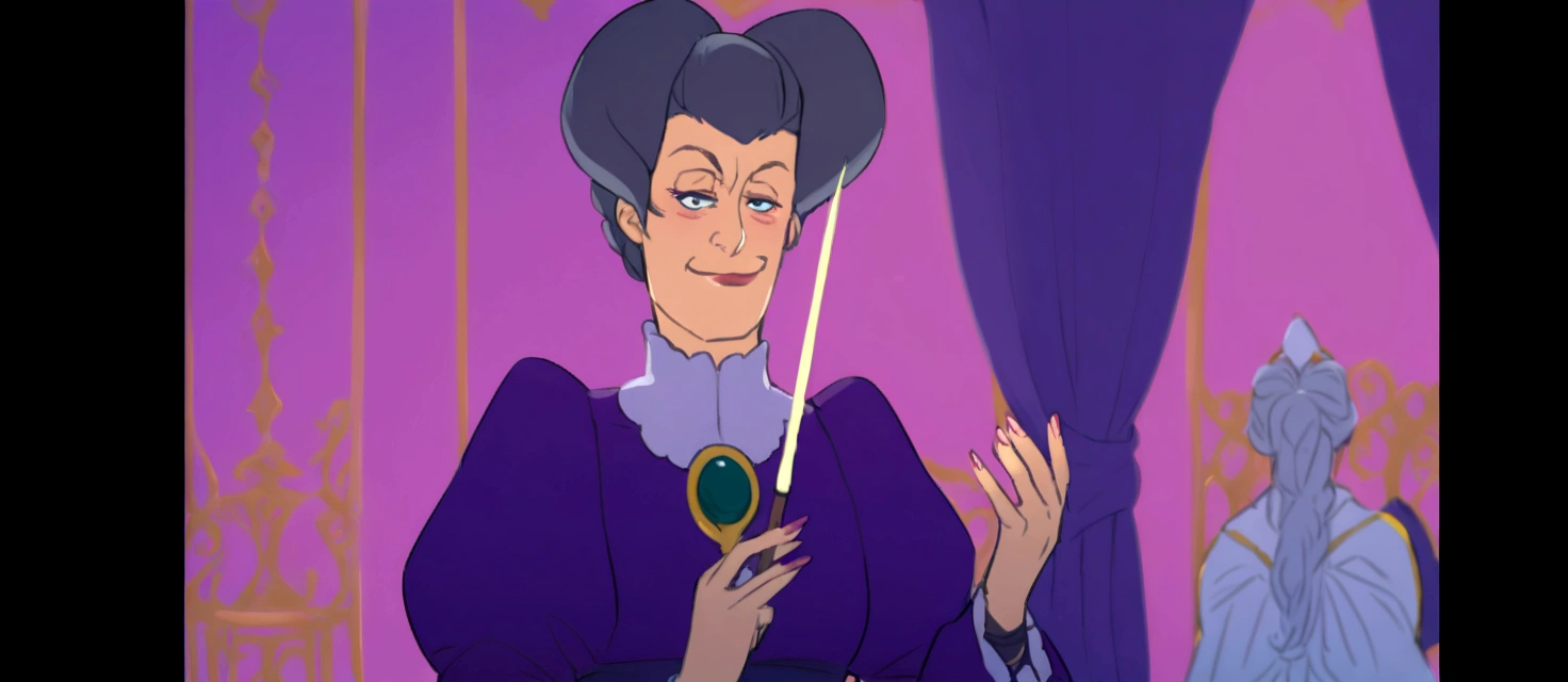 Picture lady Tremaine Cinderellas Stepmother
she is in her mid Fourties, attractive and hot
also tall and always
she has evil smirk on her face and holding
magic wand on her hand