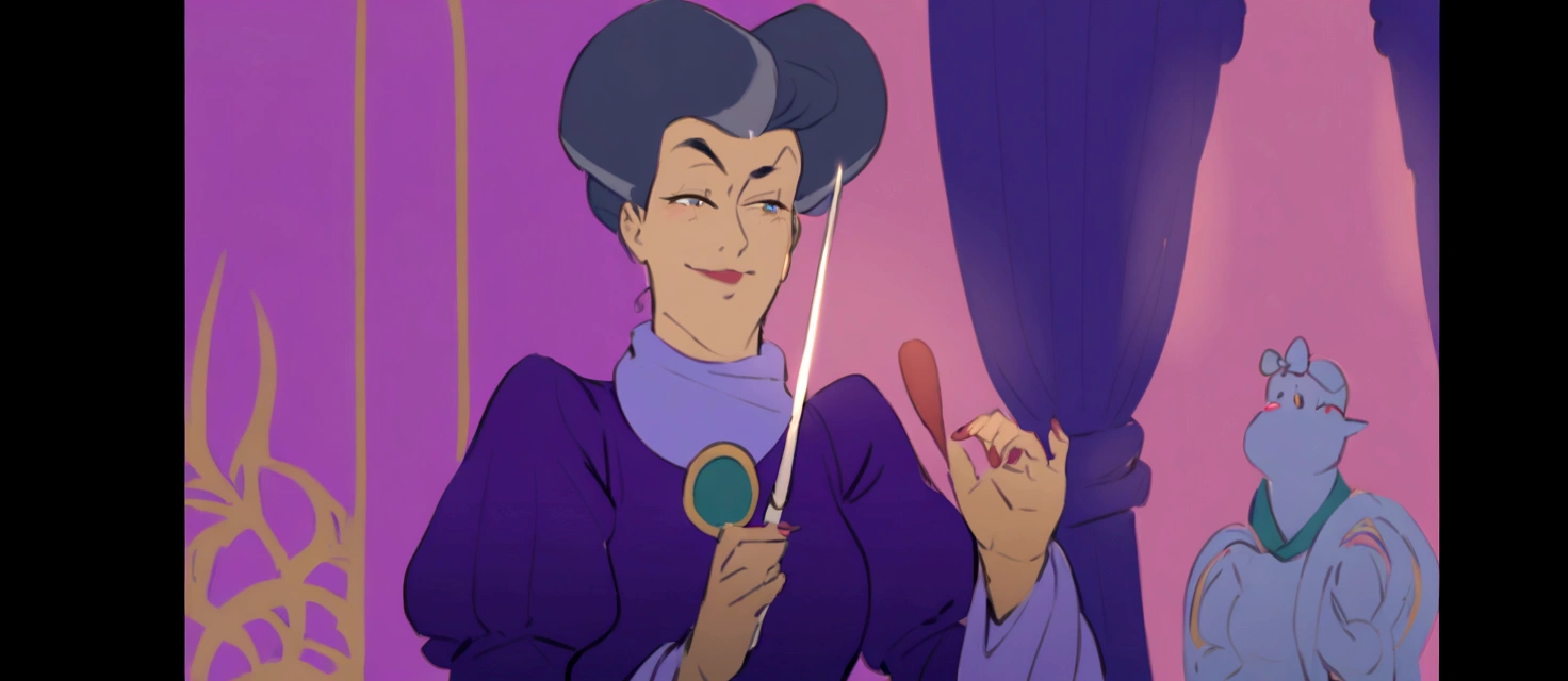 Picture lady Tremaine Cinderellas Stepmother
she is in her mid Fourties, attractive and hot
also tall and always
she has evil smirk on her face and holding
magic wand on her hand