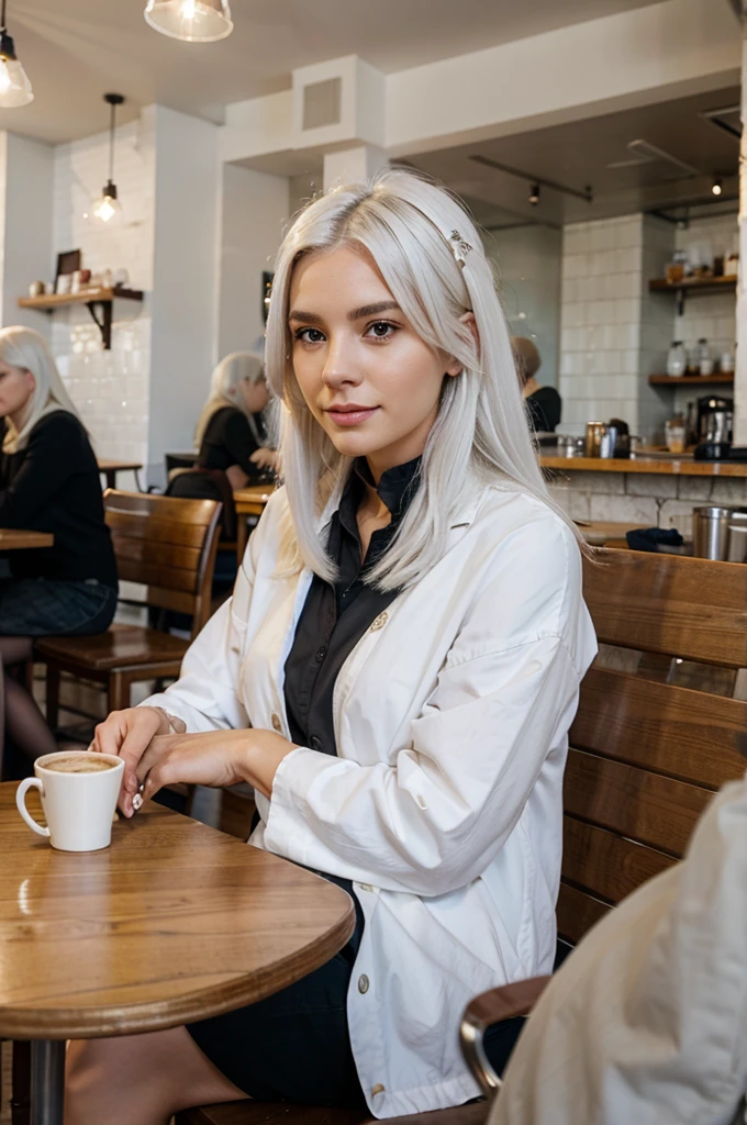 woman white hair sitting in a cafe
